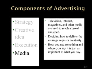 1-34
•Strategy
•Creative
idea
•Execution
•Media
• Television, Internet,
magazines, and other media
are used to reach a broad
audience.
• Deciding how to deliver the
message requires creativity.
• How you say something and
where you say it is just as
important as what you say.
 