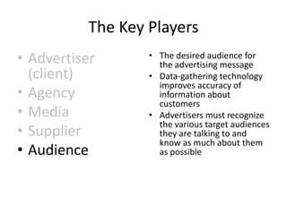 The Key Players
• Advertiser
(client)
• Agency
• Media
• Supplier
• Audience
• The desired audience for
the advertising message
• Data-gathering technology
improves accuracy of
information about
customers
• Advertisers must recognize
the various target audiences
they are talking to and
know as much about them
as possible
 