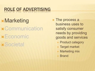 ROLE OF ADVERTISING
Marketing
Communication
Economic
Societal
 The process a
business uses to
satisfy consumer
needs by providing
goods and services
 Product category
 Target market
 Marketing mix
 Brand
 