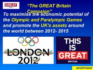 To maximise the economic potential of
the Olympic and Paralympic Games
and promote the UK's assets around
the world between 2012- 2015
“The GREAT Britain
Campaign”
ADVERTISING
 