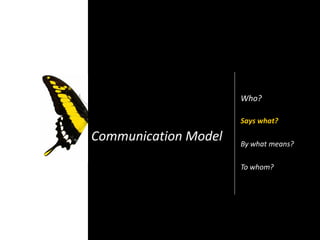 Communication Model
Who?
Says what?
By what means?
To whom?
 