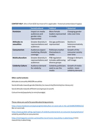CONTEXT HELP: (thisisfromGCSE butmost of it isapplicable –historical contextdoesn’tapply)
Other useful contexts:
AttitudestosexualityAND/ORsexualities
Social attitudestowardsgender/identity(incmasculinity/femininity/non-binaryetc)
Social attitudestowards differentsocial groups(ie youth)
Cultural trends/popularity(ie retro/nostalgia)
These videos are useful forpossibleadvertisingcontexts:
https://www.facebook.com/ajplusenglish/videos/ban-on-sexist-ads-in-the-uk/1010852939056213/
Ban on sexistads
https://www.guided-selling.org/impact-of-celebrity-endorsement-on-consumer-buying-behavior/
celebrityandeffectonconsumerism
https://melmagazine.com/en-us/story/the-rise-of-ironic-masculinity-in-advertising-2ironic
masculinityinadvertising
 