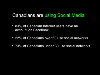 Canadians are  using Social Media 83% of Canadian Internet users have an account on Facebook 22% of Canadians over 60 use social networks 73% of Canadians under 30 use social networks 