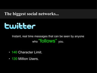 Instant, real time messages that can be seen by anyone who  “follows”   you. 140   Character Limit. 130  Million Users. . . The biggest social networks... 