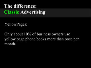 The difference: Classic  Advertising YellowPages: Only about 10% of business owners use yellow page phone books more than once per month. 