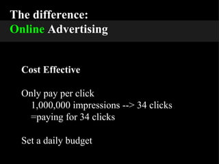 The difference: Online  Advertising Cost Effective Only pay per click 1,000,000 impressions --> 34 clicks =paying for 34 clicks Set a daily budget 