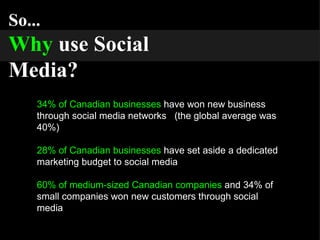 So... Why   use Social Media? 34% of Canadian businesses  have won new business through social media networks  (the global average was 40%) 28% of Canadian businesses  have set aside a dedicated marketing budget to social media 60% of medium-sized Canadian companies  and 34% of small companies won new customers through social media 
