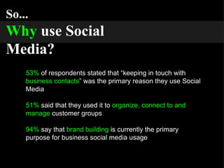 So... Why   use Social Media? 53%  of respondents stated that “keeping in touch with  business contacts ” was the primary reason they use Social Media 51%  said that they used it to  organize, connect to and manage  customer groups 94%  say that  brand building  is currently the primary purpose for business social media usage 