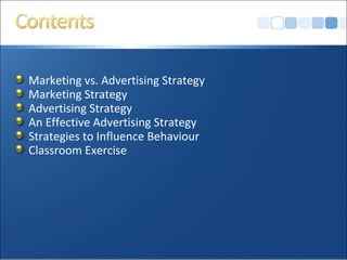 Marketing vs. Advertising Strategy
Marketing Strategy
Advertising Strategy
An Effective Advertising Strategy
Strategies to Influence Behaviour
Classroom Exercise
 