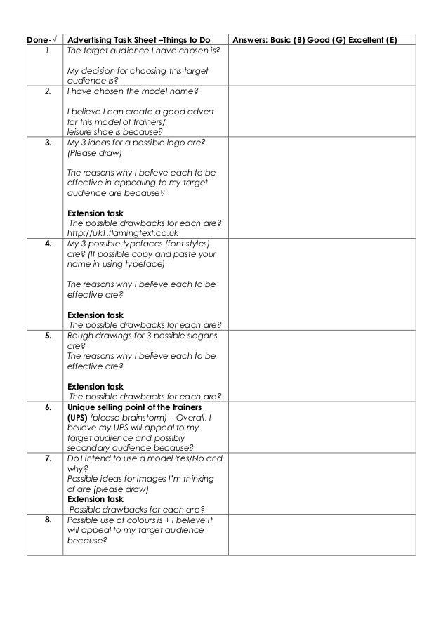 advertising task sheet things to do