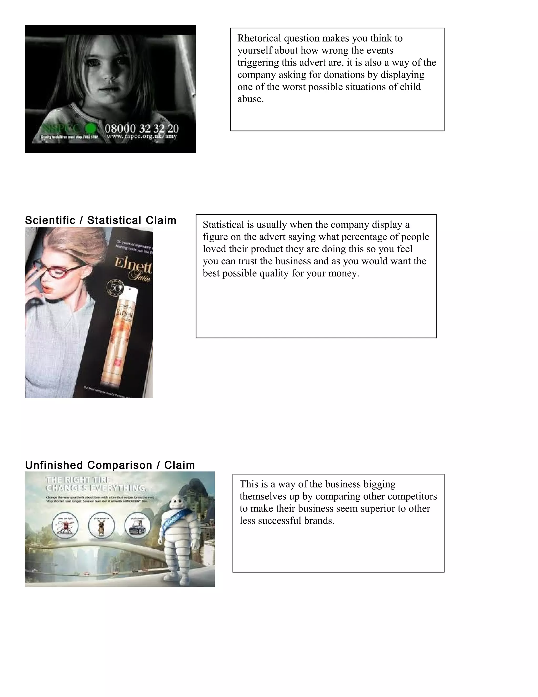 Scientific / Statistical Claim
Unfinished Comparison / Claim
Rhetorical question makes you think to
yourself about how wrong the events
triggering this advert are, it is also a way of the
company asking for donations by displaying
one of the worst possible situations of child
abuse.
Statistical is usually when the company display a
figure on the advert saying what percentage of people
loved their product they are doing this so you feel
you can trust the business and as you would want the
best possible quality for your money.
This is a way of the business bigging
themselves up by comparing other competitors
to make their business seem superior to other
less successful brands.
 