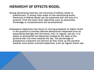 HIERARCHY OF EFFECTS MODEL Among advertising theories, the hierarchy-of-effects model is predominant. It shows clear steps of how advertising works.  Hierarchy of effects Model  can be explained with the help of a pyramid. First the lower level objectives such as awareness, knowledge or comprehension are accomplished. Subsequent objectives may focus on moving prospects to higher levels in the pyramid to provoke desired behavioural responses such as associating feelings with the brand, trial, or regular use etc. it is easier to accomplish ad objectives located at the base of the pyramid than the ones towards the top. The percentage of prospective customers will decline as they move up the pyramid towards more action oriented objectives, such as regular brand use. 