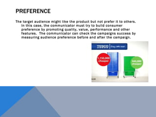 PREFERENCE The target audience might like the product but not prefer it to others.  In this case, the communicator must try to build consumer preference by promoting quality, value, performance and other features.  The communicator can check the campaigns success by measuring audience preference before and after the campaign. 