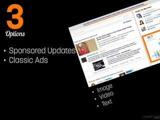 Options 3 
• Sponsored Updates 
• Classic Ads 
• Image 
• Video 
• Text 
LinkedIn [Link] 
 