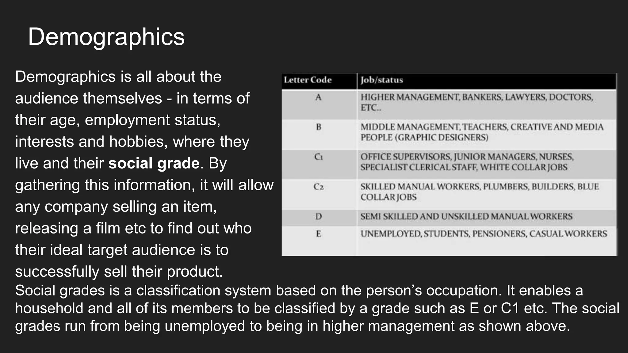 Demographics
Demographics is all about the
audience themselves - in terms of
their age, employment status,
interests and hobbies, where they
live and their social grade. By
gathering this information, it will allow
any company selling an item,
releasing a film etc to find out who
their ideal target audience is to
successfully sell their product.
Social grades is a classification system based on the person’s occupation. It enables a
household and all of its members to be classified by a grade such as E or C1 etc. The social
grades run from being unemployed to being in higher management as shown above.
 