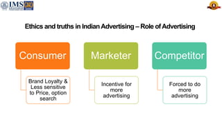 Ethics and truths in IndianAdvertising – Role ofAdvertising
Consumer
Brand Loyalty &
Less sensitive
to Price, option
search
Marketer
Incentive for
more
advertising
Competitor
Forced to do
more
advertising
 