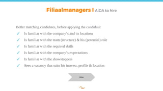 Filiaalmanagers I AIDA to hire
Better matching candidates, before applying the candidate:
✓ Is familiar with the company’s and its locations
✓ Is familiar with the team (structure) & his (potential) role
✓ Is familiar with the required skills
✓ Is familiar with the company’s expectations
✓ Is familiar with the showstoppers
✓ Sees a vacancy that suits his interest, profile & location
Hire
 