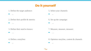 Do it yourself
1. Define the target audience:
➡ ...
2. Define their profile & interest:
➡ …
3. Define their need to knows:
➡ …
4. Define a storyline:
➡ ...
5. Select your channels:
➡ ...
6. Set up the campaign:
➡ …
7. Measure, measure, measure:
➡ …
8. Optimise storyline, content & channels
➡ ...
 