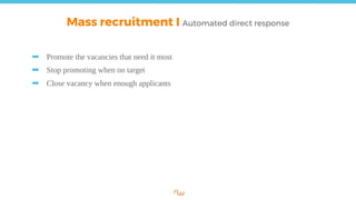 Mass recruitment I Automated direct response
➡ Promote the vacancies that need it most
➡ Stop promoting when on target
➡ Close vacancy when enough applicants
 