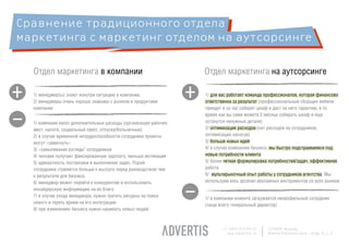 Сравнение традиционного отдела
маркетинга с маркетинг отделом на аутсорсинге

    Отдел маркетинга в компании                                         Отдел маркетинга на аутсорсинге

+   1/ менеджер(ы) знают изнутри ситуацию в компании,
    2/ менеджеры очень хорошо знакомы с рынком и продуктами
                                                                    +   1/ для вас работает команда профессионалов, которая финансово
                                                                        ответственна за результат (профессиональный сборщик мебели



-
    компании                                                            приедет и за час соберет шкаф и даст на него гарантию, в то
                                                                        время как вы сами можете 2 месяца собирать шкаф и еще
    1/ компания несет дополнительные расходы (организация рабочих       останутся ненужные детали)
    мест, налоги, социальный пакет, отпуска/больничные)                 2/ оптимизация расходов (нет расходов на сотрудников,
    2/ в случае временной нетрудоспособности сотрудника проекты         оптимизация налогов)
    могут «зависнуть»                                                   3/ больше новых идей
    3/ «замылевание взгляда” сотрудников                                4/ в случае изменения бизнеса, мы быстро подстраиваемся под
    4/ человек получает фиксированную зарплату, меньше мотивация        новые потребности клиента
    5/ адекватность постановки и выполнения задач. Порой                5/ более четкая формулировка потребностей/задач, эффективнее
    сотрудники стремятся больше к выслуге перед руководством чем        работа
    к результатм для бизнеса.                                           6/ мультирыночный опыт работы у сотрудников агентства. Мы



                                                                    -
    6/ менеджер может перейти к конкурентам и использовать              используем весь арсенал рекламных инструментов со всех рынков
    инсайдерскую информацию на их благо
    7/ в случае ухода менеджера, нужно тратить ресурсы на поиск         1/ в компании-клиенте загружается непрофильный сотрудник
    нового и терять время на его интеграцию                             (чаще всего генеральный директор)
    8/ при изменениях бизнеса нужно нанимать новых людей


                                                                               +7 (495) 225 99 22   125009, Moscow,
                                                                                 www.advertis.ru    Nizhny Kislovsky lane., bldg. 6, c. 2
 