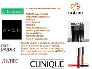 Quanto maior o conteúdo de chumbo, maior a chance de causar câncer. Depois de fazer um teste em batons, foi constatado nos batons da  AVON  o maior nível de chumbo As marcas que contêm chumbo são:  NATURA-experimentei BOTICÁRIO-experimentei CLINIQUE  ESTÉE LAUDER  SHISEIDO  RED EARTH (Lip Gloss)  CHANEL (Lip Conditioner)  MARK AMERICA  MOTIVES LIPSTICK  A V O N -experimentei  