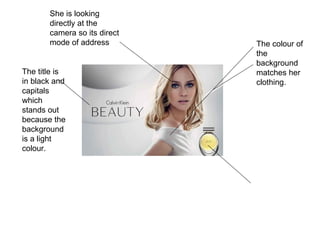 The colour of the background matches her clothing. The title is in black and capitals which stands out because the backgro...