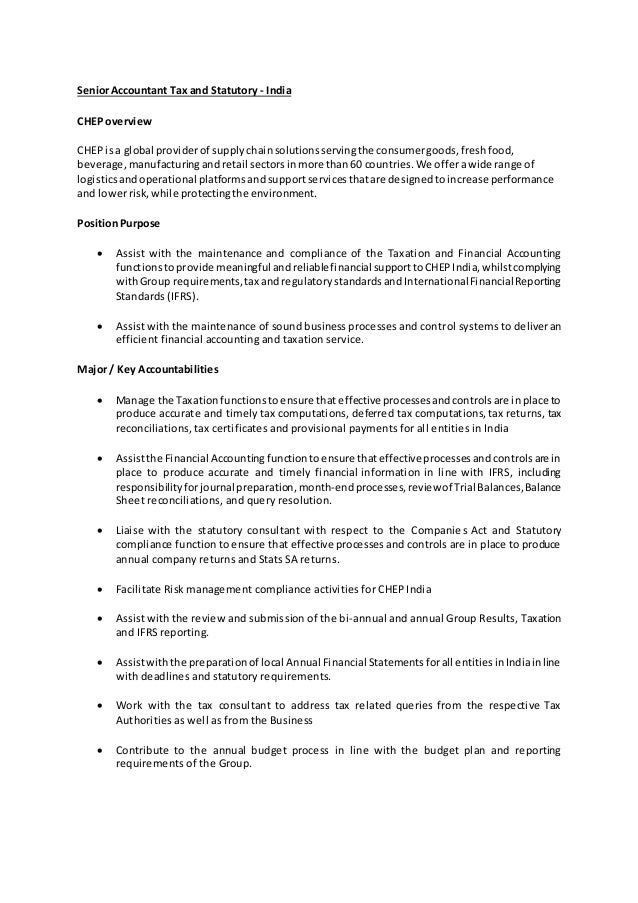 Senior Accountant (Tax and Statutory) CHEP India