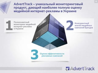 4
    AdvertTrack – уникальный мониторинговый
    продукт, дающий наиболее полную оценку
    медийной интернет-рекламы в Украине




1                                                 2
    Полноохватный
    мониторинг медийной                               Конкурентный
    интернет-рекламы                                  анализ медийных
    в Украине                                         кампаний брендов




                  3       Оценка аффинитивности
                           рекламных кампаний
 