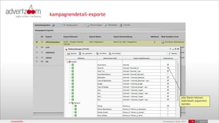 kampagnendetail-exporte




                                                         alle Daten können
                                                         individuell exportiert
                                                         werden




screenshots                             © advertzoom GmbH 2012   26     19.03.12
 