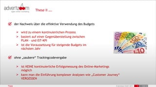 These II ….



        der Nachweis über die effektive Verwendung des Budgets

          wird zu einem kontinuierlichen Prozess
          basiert auf einer Gegenüberstellung zwischen
           PLAN – und IST-KPI
          ist die Voraussetzung für steigende Budgets im
           nächsten Jahr

        ohne „saubere“ Trackingcodevergabe

          ist KEINE kontinuierliche Erfolgsmessung des Online-Marketings
           möglich
          kann man die Einführung komplexer Analysen wie „Customer Journey“
           VERGESSEN

These                                                                    © advertzoom GmbH 2012   4   19.03.12
 