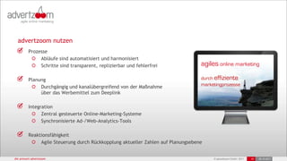 advertzoom nutzen
         Prozesse
              Abläufe sind automatisiert und harmonisiert
              Schritte sind transparent, replizierbar und fehlerfrei              agiles online marketing

         Planung                                                                  durch effiziente
              Durchgängig und kanalübergreifend von der Maßnahme                  marketingprozesse
              über das Werbemittel zum Deeplink

         Integration
               Zentral gesteuerte Online-Marketing-Systeme
               Synchronisierte Ad-/Web-Analytics-Tools

         Reaktionsfähigkeit
              Agile Steuerung durch Rückkopplung aktueller Zahlen auf Planungsebene


25.10.2011 advertzoom
die antwort                                                                            © advertzoom GmbH 2011   16   25.10.2011
                                                                                                                             16
 