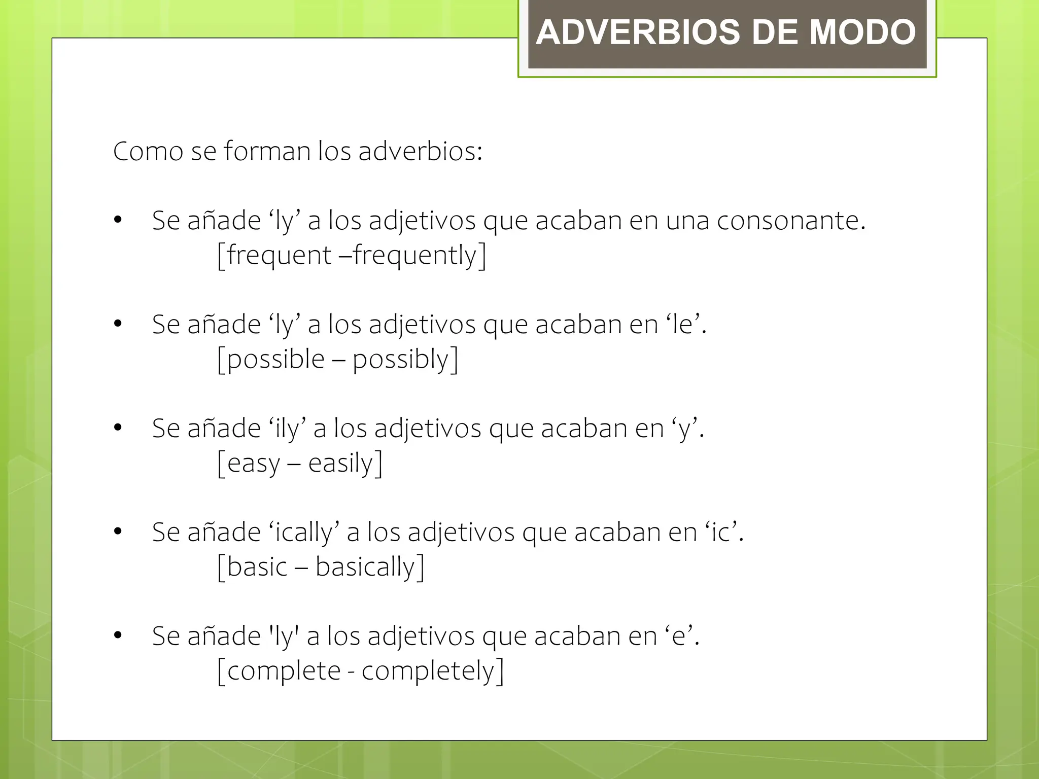 Adverbios de Modo en Inglés - Definición y Ejemplos | PPTX