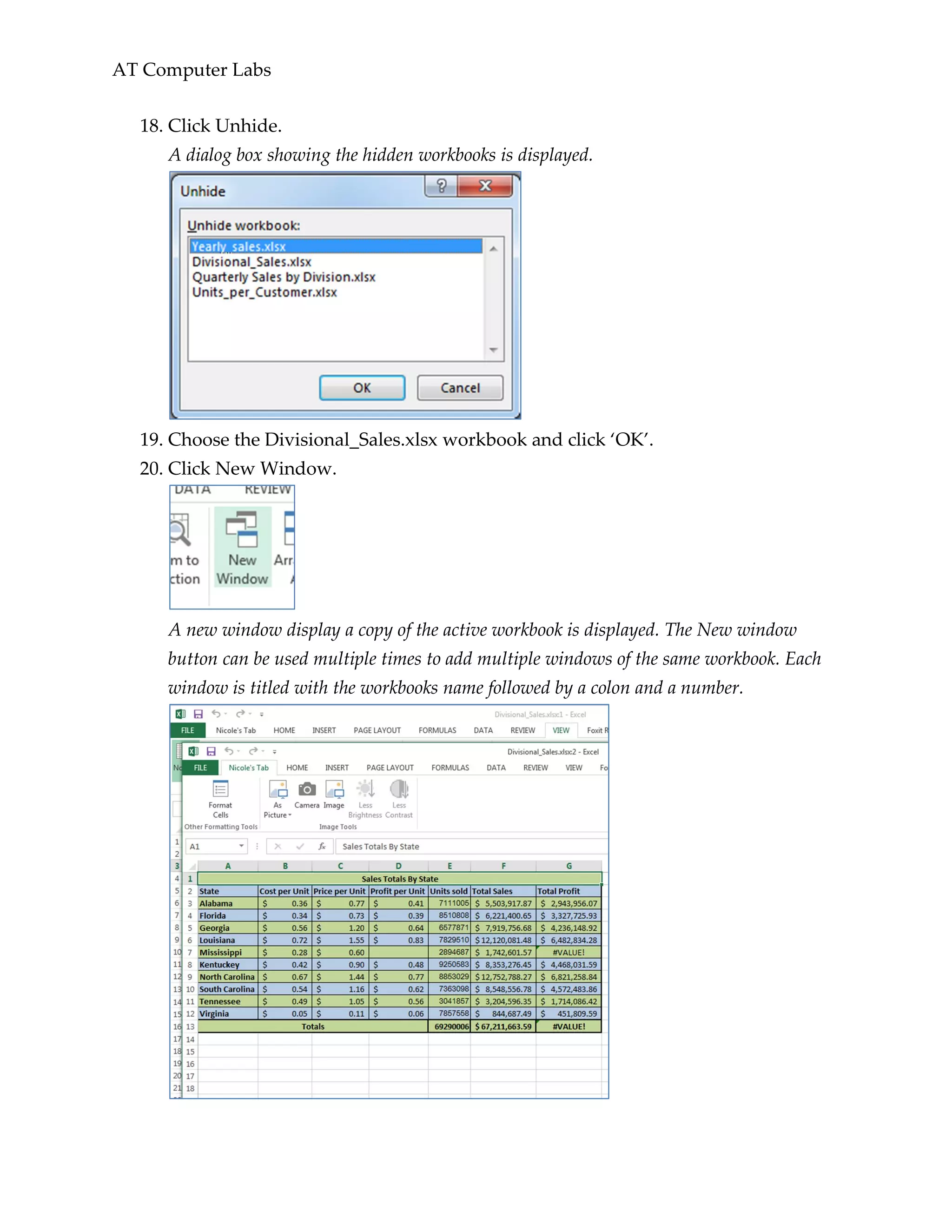 AT Computer Labs
18. Click Unhide.
A dialog box showing the hidden workbooks is displayed.
19. Choose the Divisional_Sales.xlsx workbook and click ‘OK’.
20. Click New Window.
A new window display a copy of the active workbook is displayed. The New window
button can be used multiple times to add multiple windows of the same workbook. Each
window is titled with the workbooks name followed by a colon and a number.
 
