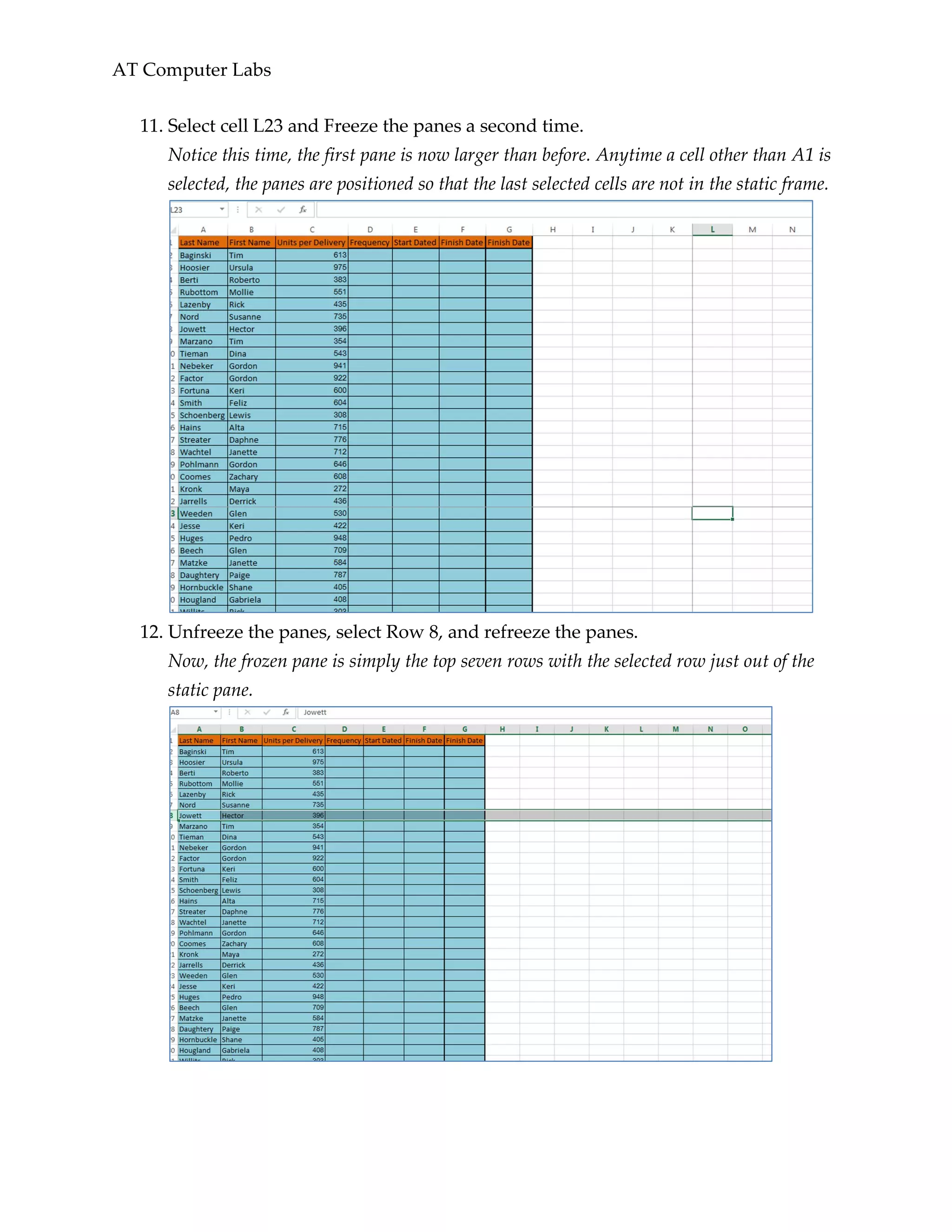 AT Computer Labs
11. Select cell L23 and Freeze the panes a second time.
Notice this time, the first pane is now larger than before. Anytime a cell other than A1 is
selected, the panes are positioned so that the last selected cells are not in the static frame.
12. Unfreeze the panes, select Row 8, and refreeze the panes.
Now, the frozen pane is simply the top seven rows with the selected row just out of the
static pane.
 