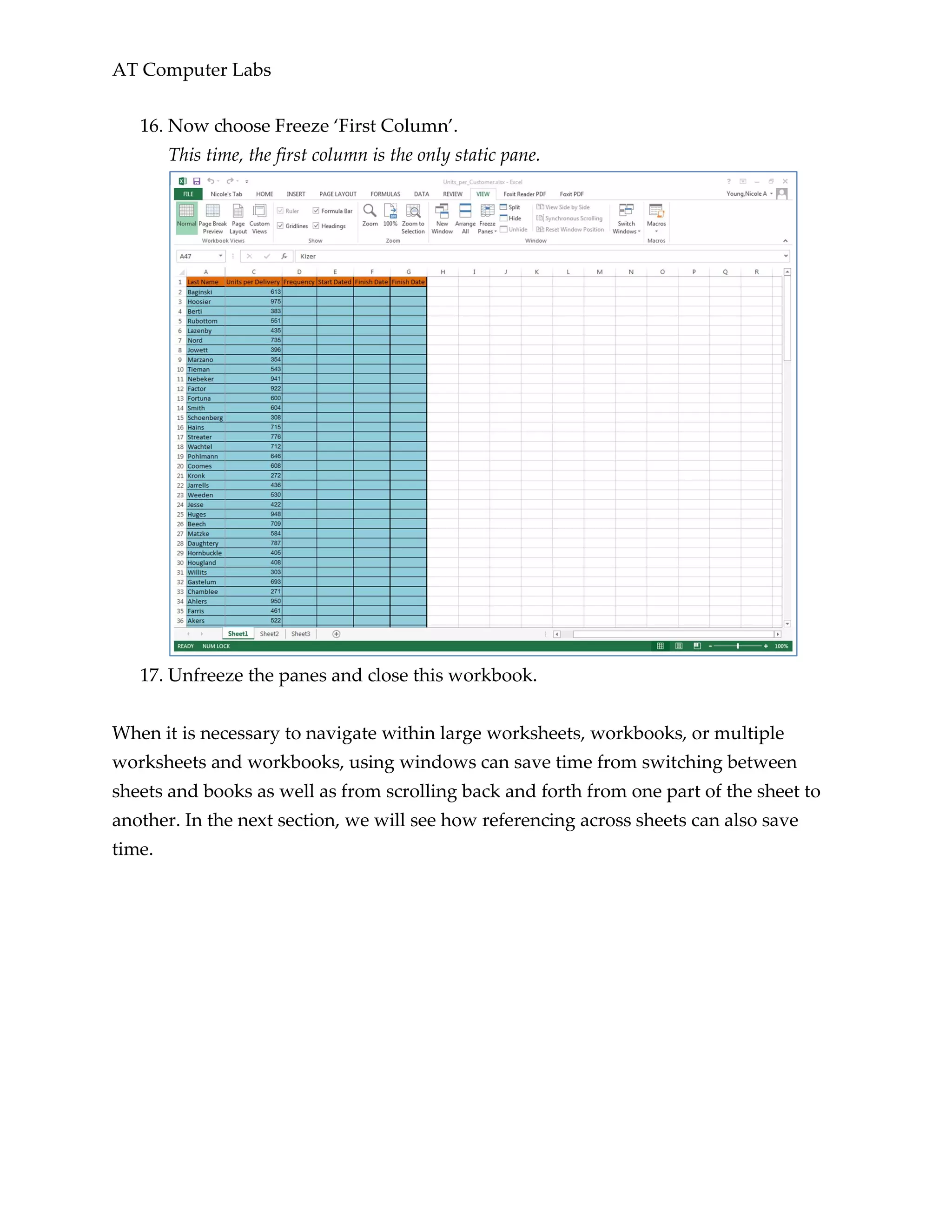 AT Computer Labs
16. Now choose Freeze ‘First Column’.
This time, the first column is the only static pane.
17. Unfreeze the panes and close this workbook.
When it is necessary to navigate within large worksheets, workbooks, or multiple
worksheets and workbooks, using windows can save time from switching between
sheets and books as well as from scrolling back and forth from one part of the sheet to
another. In the next section, we will see how referencing across sheets can also save
time.
 