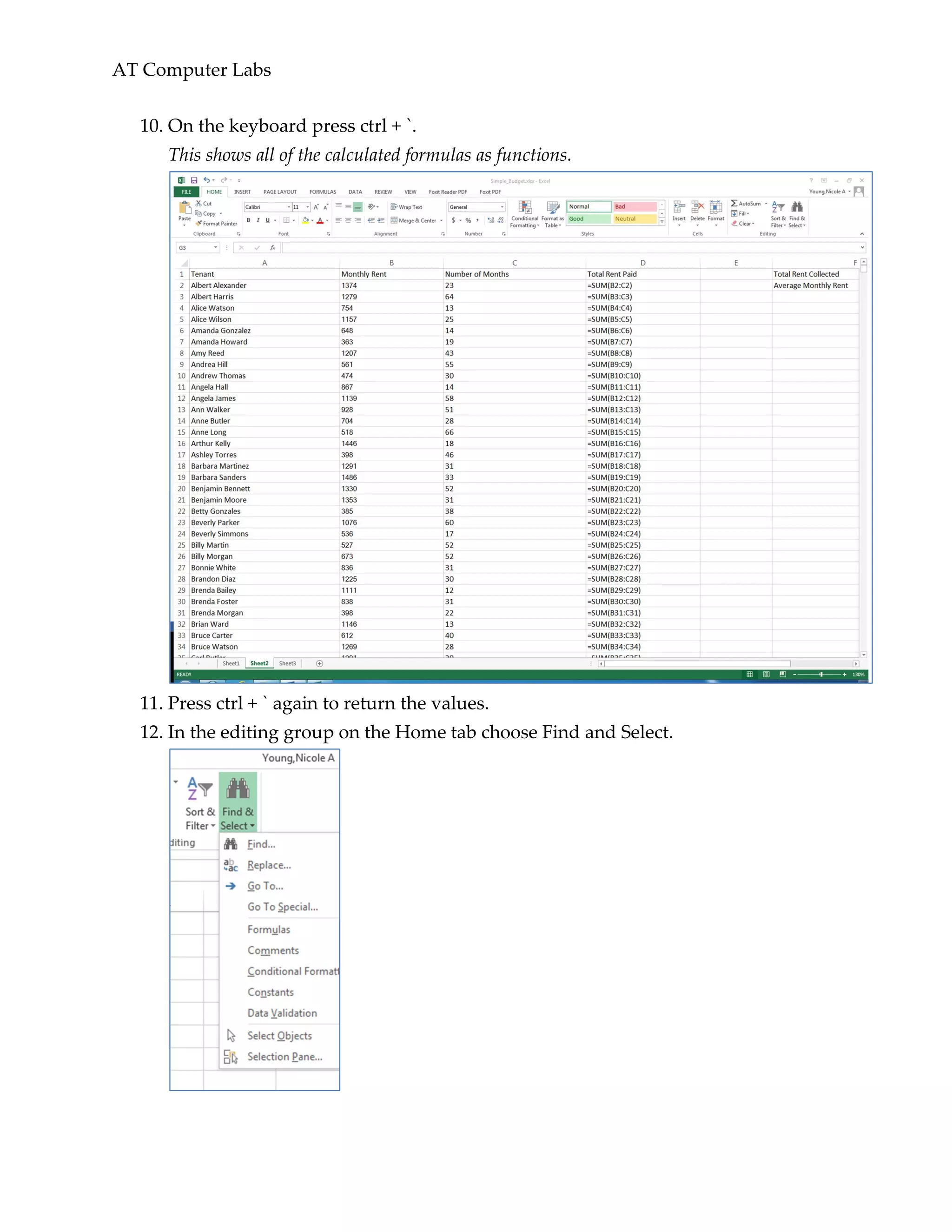 AT Computer Labs
10. On the keyboard press ctrl + `.
This shows all of the calculated formulas as functions.
11. Press ctrl + ` again to return the values.
12. In the editing group on the Home tab choose Find and Select.
 