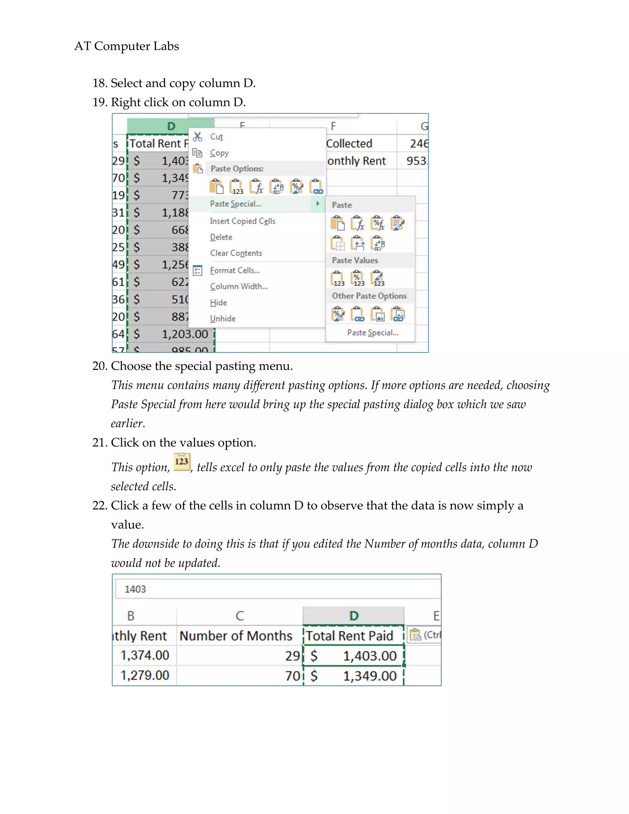 AT Computer Labs
18. Select and copy column D.
19. Right click on column D.
20. Choose the special pasting menu.
This menu contains many different pasting options. If more options are needed, choosing
Paste Special from here would bring up the special pasting dialog box which we saw
earlier.
21. Click on the values option.
This option, , tells excel to only paste the values from the copied cells into the now
selected cells.
22. Click a few of the cells in column D to observe that the data is now simply a
value.
The downside to doing this is that if you edited the Number of months data, column D
would not be updated.
 