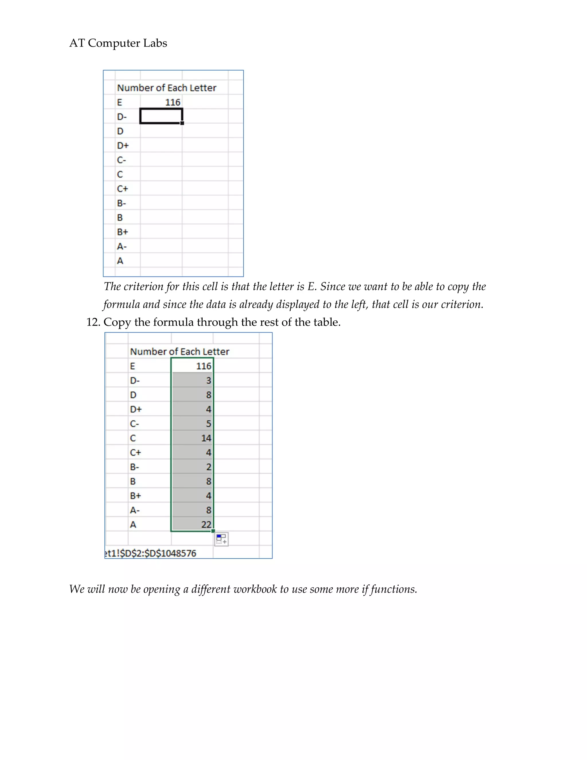 AT Computer Labs
The criterion for this cell is that the letter is E. Since we want to be able to copy the
formula and since the data is already displayed to the left, that cell is our criterion.
12. Copy the formula through the rest of the table.
We will now be opening a different workbook to use some more if functions.
 