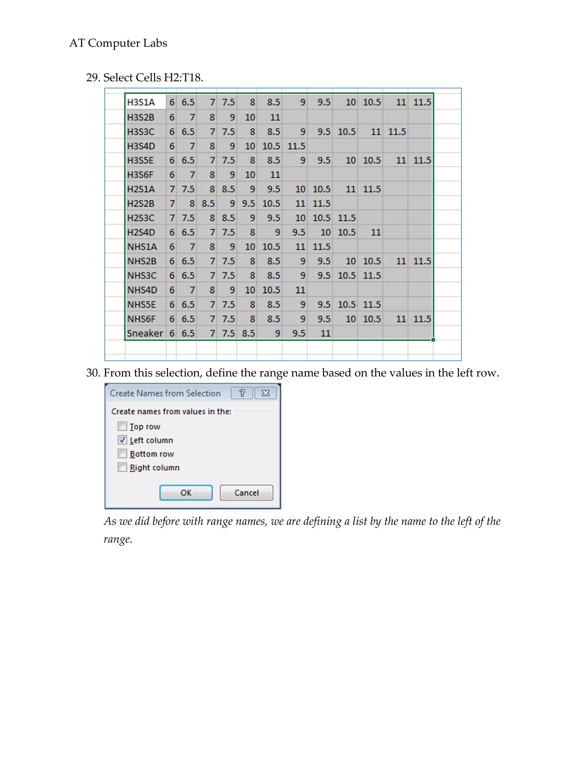 AT Computer Labs
29. Select Cells H2:T18.
30. From this selection, define the range name based on the values in the left row.
As we did before with range names, we are defining a list by the name to the left of the
range.
 