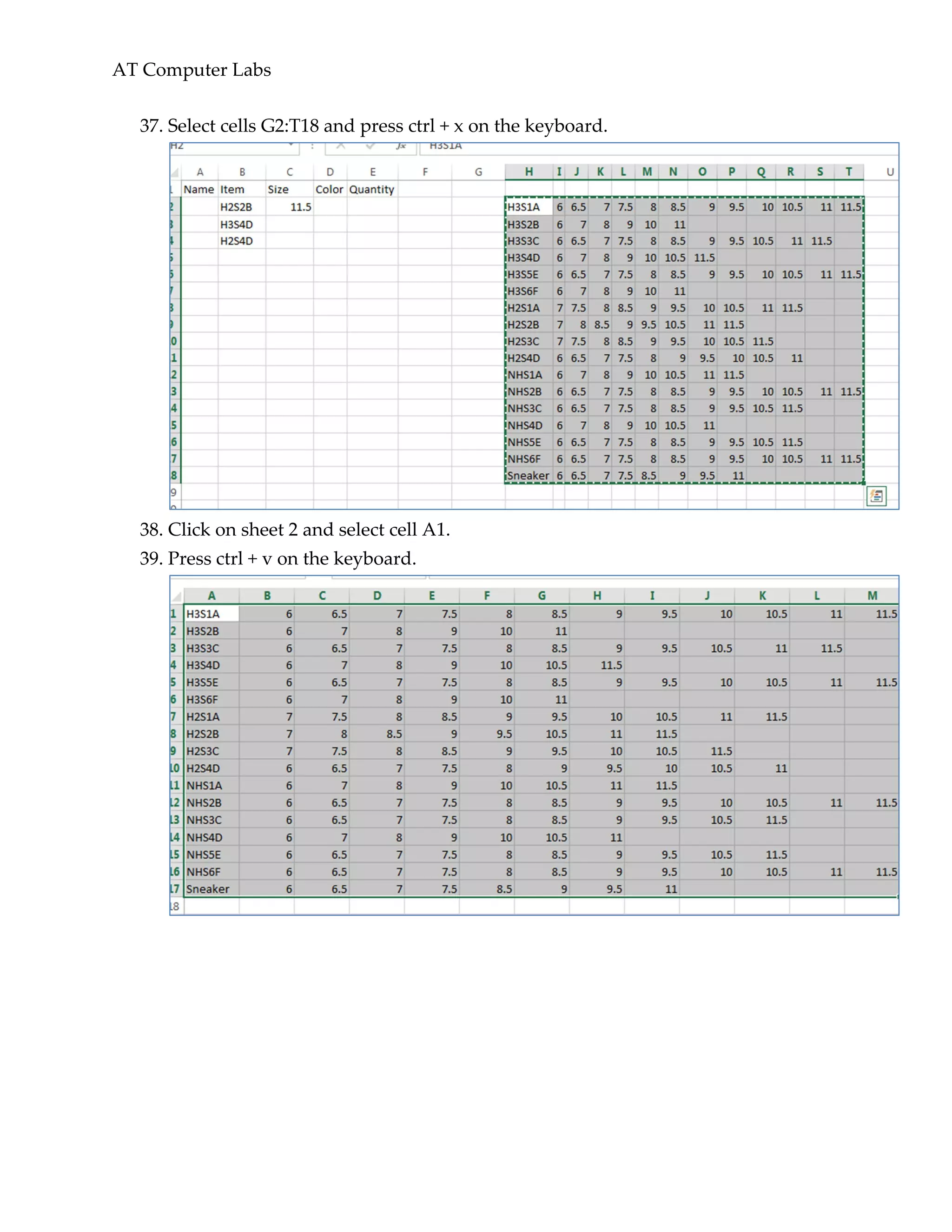 AT Computer Labs
37. Select cells G2:T18 and press ctrl + x on the keyboard.
38. Click on sheet 2 and select cell A1.
39. Press ctrl + v on the keyboard.
 