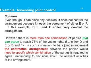 Solution
Even though D can block any decision, it does not control the
arrangement because it needs the agreement of either E or F.
In this example, D, E and F collectively control the
arrangement.
However, there is more than one combination of parties that
can agree to reach 75% of the voting rights (i.e. either D and
E or D and F). In such a situation, to be a joint arrangement
the contractual arrangement between the parties would
need to specify which combination of the parties is required to
agree unanimously to decisions about the relevant activities
of the arrangement.
Example: Assessing joint control
12
 