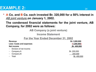 EXAMPLE 2:
• A Co. and B Co. each invested Br. 320,000 for a 50% interest in
AB joint venture on January 1, 2002.
The condensed financial statements for the joint venture, AB
Company, for 2002 were as follows:
AB Company (a joint venture)
Income Statement
For the Year Ended December 31, 2002
Revenue Br.1,600,000
Less: Costs and expenses (1,200,000)
Net income Br. 400,000
– Division of net income:
– Company A Br. 200,000
– Company B 200,000
– Total Br. 400,000
24
 