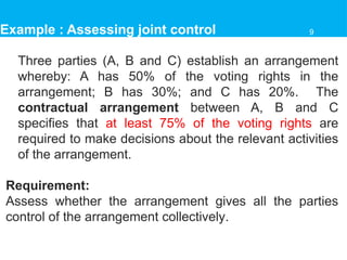 Example : Assessing joint control
Three parties (A, B and C) establish an arrangement
whereby: A has 50% of the voting rights in the
arrangement; B has 30%; and C has 20%. The
contractual arrangement between A, B and C
specifies that at least 75% of the voting rights are
required to make decisions about the relevant activities
of the arrangement.
Requirement:
Assess whether the arrangement gives all the parties
control of the arrangement collectively.
9
 