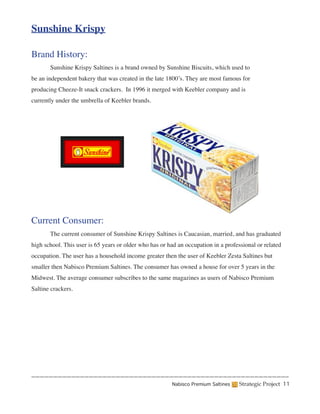 Sunshine Krispy

Brand History:
	      Sunshine Krispy Saltines is a brand owned by Sunshine Biscuits, which used to
be an independent bakery that was created in the late 1800’s. They are most famous for
producing Cheeze-It snack crackers. In 1996 it merged with Keebler company and is
currently under the umbrella of Keebler brands.




Current Consumer:
	      The current consumer of Sunshine Krispy Saltines is Caucasian, married, and has graduated
high school. This user is 65 years or older who has or had an occupation in a professional or related
occupation. The user has a household income greater then the user of Keebler Zesta Saltines but
smaller then Nabisco Premium Saltines. The consumer has owned a house for over 5 years in the
Midwest. The average consumer subscribes to the same magazines as users of Nabisco Premium
Saltine crackers.




                                                        Nabisco Premium Saltines    Strategic Project 11
 