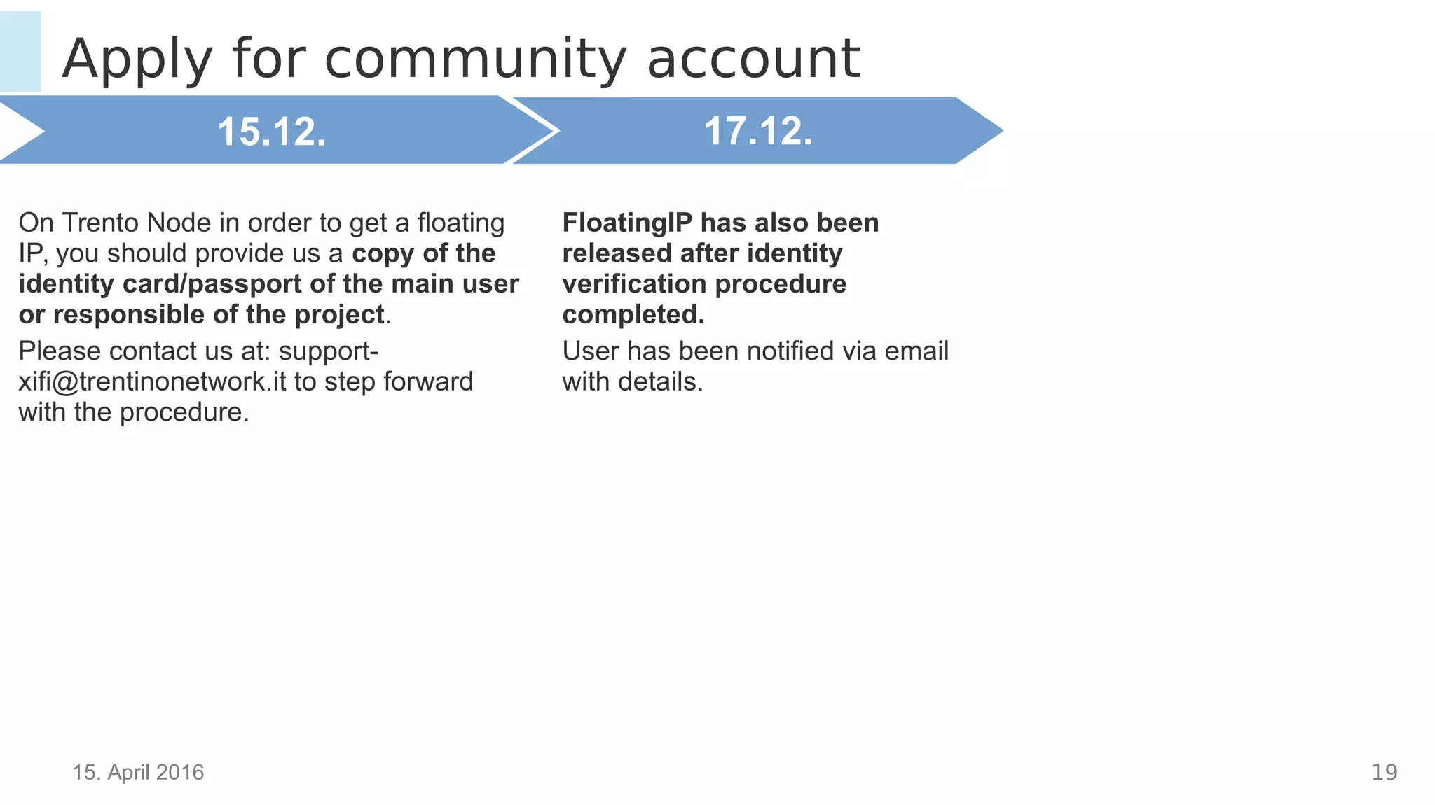 15. April 2016 19
Apply for community account
15.12.
On Trento Node in order to get a floating
IP, you should provide us a copy of the
identity card/passport of the main user
or responsible of the project.
Please contact us at: support-
xifi@trentinonetwork.it to step forward
with the procedure.
17.12.
FloatingIP has also been
released after identity
verification procedure
completed.
User has been notified via email
with details.
 