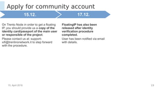 15. April 2016 19
Apply for community account
15.12.
On Trento Node in order to get a floating
IP, you should provide us a copy of the
identity card/passport of the main user
or responsible of the project.
Please contact us at: support-
xifi@trentinonetwork.it to step forward
with the procedure.
17.12.
FloatingIP has also been
released after identity
verification procedure
completed.
User has been notified via email
with details.
 