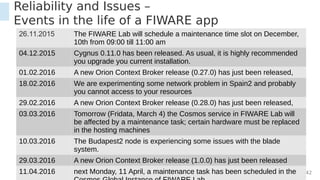 15. April 2016 42
Reliability and Issues –
Events in the life of a FIWARE app
26.11.2015 The FIWARE Lab will schedule a maintenance time slot on December,
10th from 09:00 till 11:00 am
04.12.2015 Cygnus 0.11.0 has been released. As usual, it is highly recommended
you upgrade you current installation.
01.02.2016 A new Orion Context Broker release (0.27.0) has just been released,
18.02.2016 We are experimenting some network problem in Spain2 and probably
you cannot access to your resources
29.02.2016 A new Orion Context Broker release (0.28.0) has just been released,
03.03.2016 Tomorrow (Fridata, March 4) the Cosmos service in FIWARE Lab will
be affected by a maintenance task; certain hardware must be replaced
in the hosting machines
10.03.2016 The Budapest2 node is experiencing some issues with the blade
system.
29.03.2016 A new Orion Context Broker release (1.0.0) has just been released
11.04.2016 next Monday, 11 April, a maintenance task has been scheduled in the
 