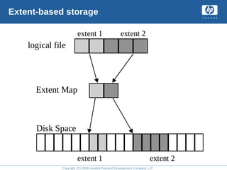 Copyright (C) 2008 Hewlett-Packard Development Company, L.P.
Extent-based storage
logical file
extent 1 extent 2
Extent Map
Disk Space
extent 1 extent 2
 