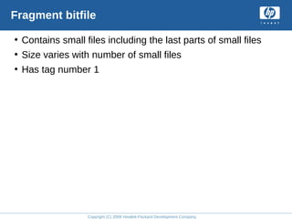 Copyright (C) 2008 Hewlett-Packard Development Company, L.P.
Fragment bitfile
• Contains small files including the last parts of small files
• Size varies with number of small files
• Has tag number 1
 