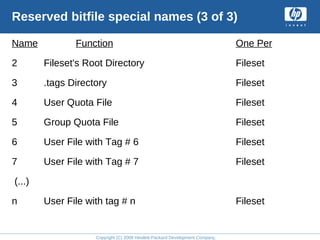 Copyright (C) 2008 Hewlett-Packard Development Company, L.P.
Reserved bitfile special names (3 of 3)
Name Function One Per
2 Fileset's Root Directory Fileset
3 .tags Directory Fileset
4 User Quota File Fileset
5 Group Quota File Fileset
6 User File with Tag # 6 Fileset
7 User File with Tag # 7 Fileset
(...)
n User File with tag # n Fileset
 
